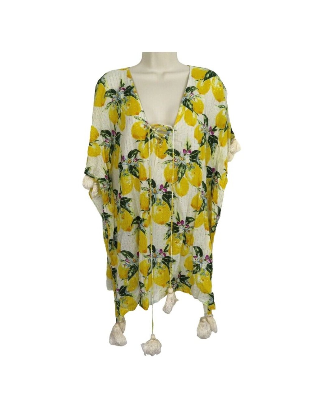 ZLEurope Women Small Medium S/M Lemon Lemonade Gold Stripe Tassel Coverup Kaftan